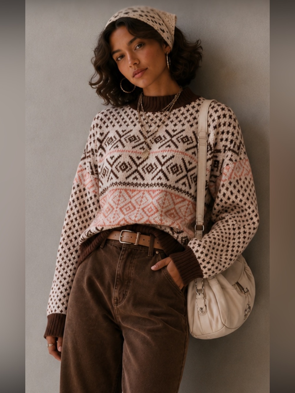 American Eagle Patterned Mock Neck Sweater in Pink and Brown